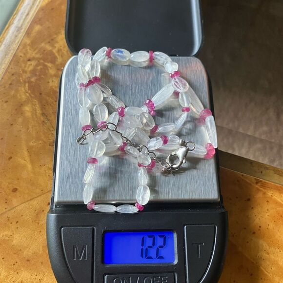 Natural Rainbow Moonstone Ruby Sterling Silver Beaded Necklace - Picture 6 of 10